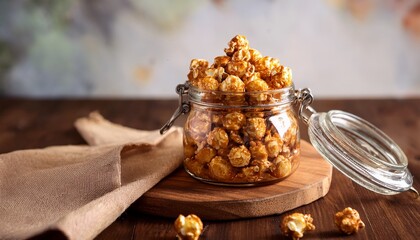 freshly made caramel popcorn fills a glass jar resting on a rustic wooden board with a textured cloth in a warm inviting and appetizing scene for snacks