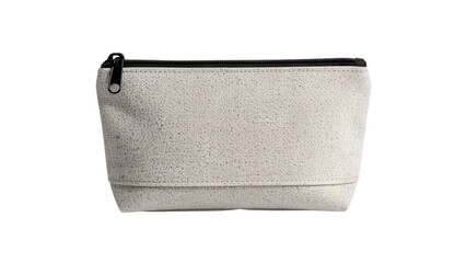 A neutral-toned cosmetic bag with textured surface, a zipper closure, and a fold-over flap. It's clean and minimalist in style
