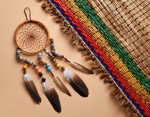 cultural flat lay with dreamcatcher colorful beads and woven straw mat on beige background for native american heritage day