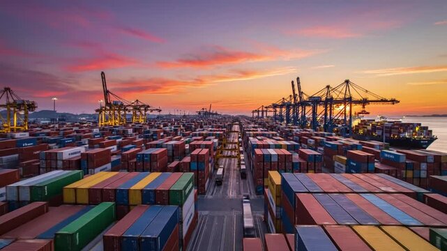 Vast shipping port filled with colorful cargo containers under a vibrant sunset sky, global logistics and trade