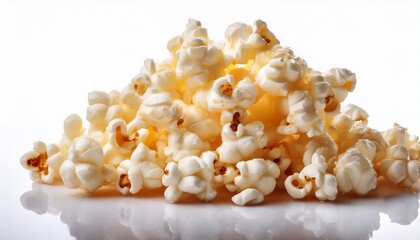 close up shows a heap of freshly popped fluffy popcorn with a light sprinkling of salt against a bright white surface inviting a crunchy and tasty snack