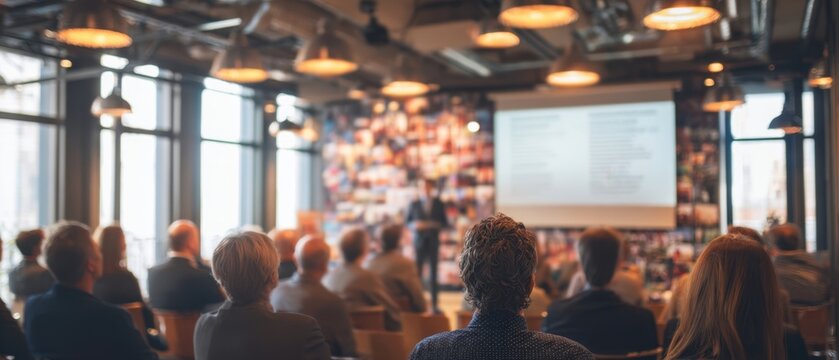 The audience attending a professional presentation in a modern conference room
