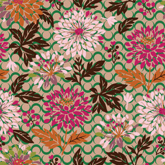 Vibrant Floral Pattern With Layered Blossoms, Pink And Magenta Blooms, Beige Background, Brown Foliage
