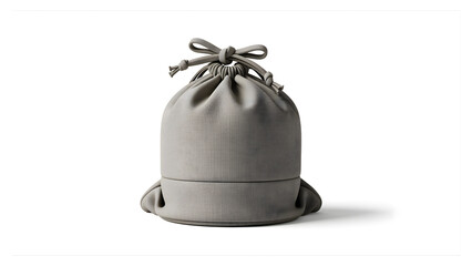 A neutral-toned drawstring pouch is isolated against a white backdrop, casting a subtle shadow. The bag's top is cinched
