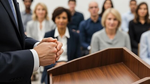Business Presentation Example with a Male Speaker gesturing passionately while Delivering a Speech to a Diverse Audience of Adults in Professional Attire