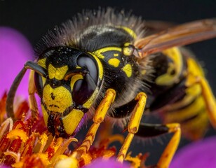 Macro close-up of a wasp feeding on a flower, showing intricate detail