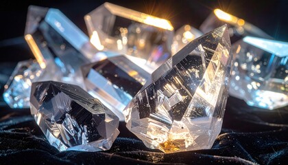 Collection of translucent quartz crystals with brilliant light refraction and geometric facets
