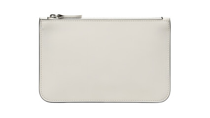 A neutral-toned, rectangular pouch with a silver zipper at the top. The surface appears smooth and slightly reflective