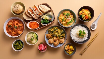 delicious assorted meals in bowls celebrating world food day with sushi pasta curry salad and bread on beige background
