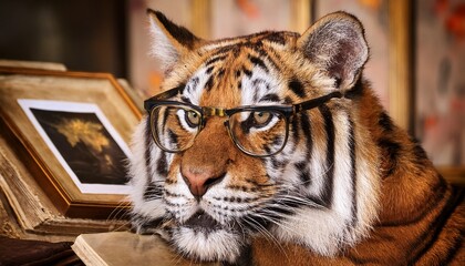 Obraz premium a tiger wearing glasses examines antique prints