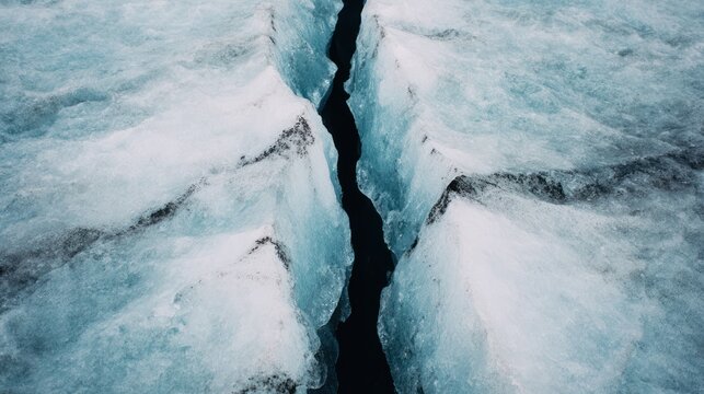 Aerial view of a deep lightning-shaped crack splitting a smooth glacier surface. travel magazines, destination branding, designed for travel destination branding, used by lab technicians.