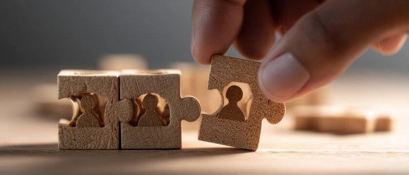 The wooden puzzle piece being placed by hand to symbolize teamwork and connection