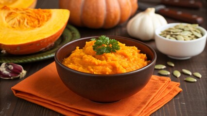 A bowl of mashed pumpkin on a table with various ingredients and garnishes.