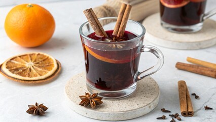 A warm glass of mulled wine with cinnamon sticks and orange slices on a cozy table setting