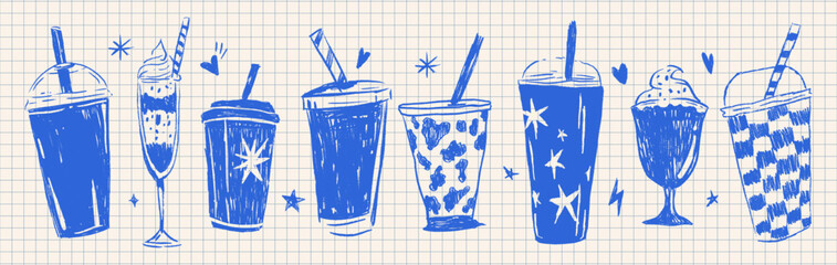 Hand Drawn Drink Doodle Sketch Set with Cups Milkshakes and Iced Beverages on Grid Paper in Groovy Retro Style