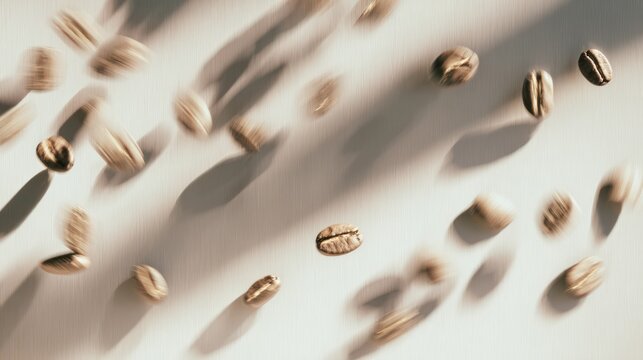 A bird's-eye view of coffee beans arranged in a dynamic horizontal pattern, with a soft and blurry background. Specially designed for cooking blogs and restaurant recipe cards.