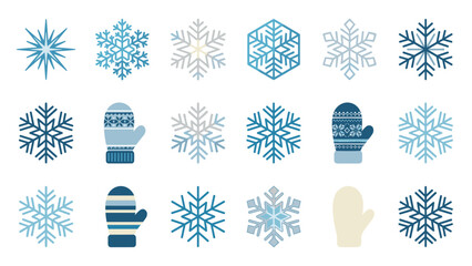 Winter snowflake and mitten icon set, geometric vector design. Blue and white seasonal symbols collection, clean minimal style. Christmas and winter holiday clipart isolated on white background.