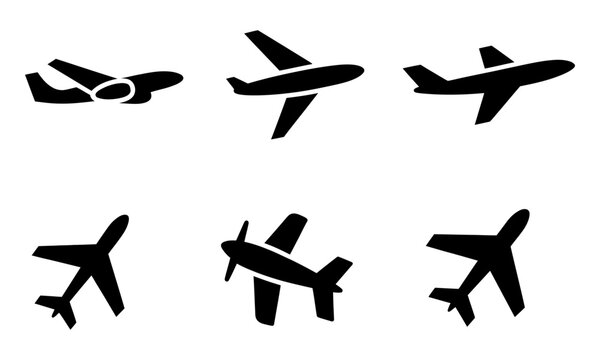 Collection of diverse black airplane silhouettes illustrating various aircraft types