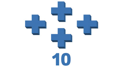 Four blue plus signs and the number ten isolated on a transparent background