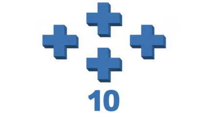 Four blue plus signs and the number ten isolated on a transparent background