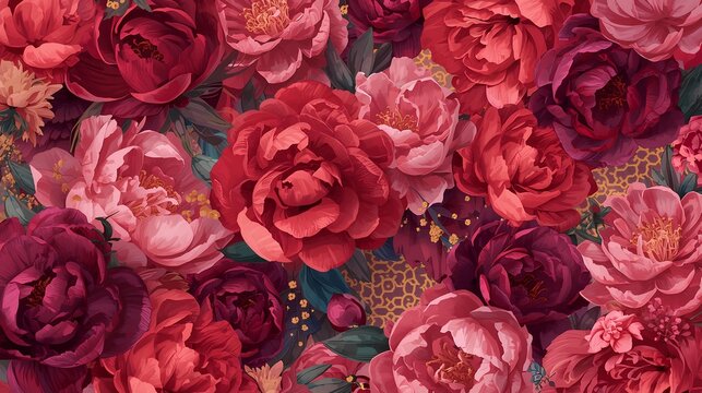 Elegant seamless pattern of blooming red and pink peonies creating a luxurious floral background