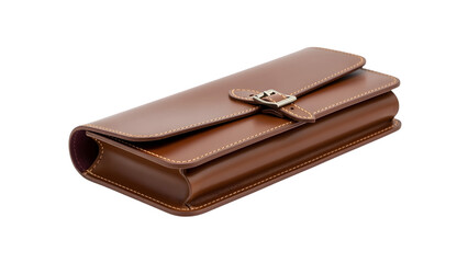 A refined, rectangular leather clutch purse with a flap closure, buckle detail, and contrasting stitching, against a stark black background