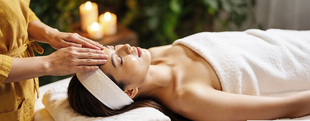 Banner with a young Asian woman wearing a white cotton headband receiving a facial treatment at a spa with space for text. A woman with closed eyes receives a facial massage