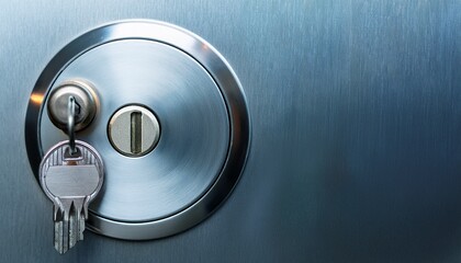 close up of a key in metal door lock with round handle on stainless steel surface