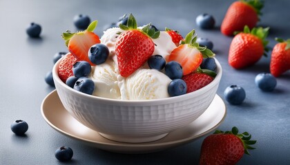 refreshing vanilla ice cream bowl with fresh strawberries and blueberries delightful summer treat