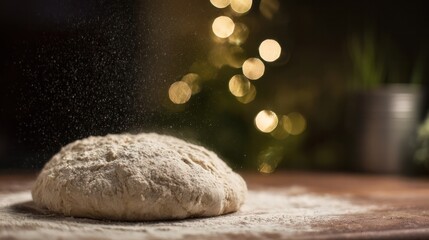 Fototapeta premium Hand-kneaded bread dough on rustic wooden table, warm bakery light highlighting texture. menu design.