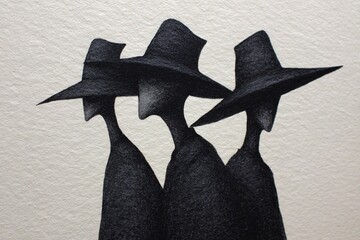 Silhouettes of three figures wearing hats are depicted in an abstract painting with soft colors and textures, creating a mysterious atmosphere in a blurred background
