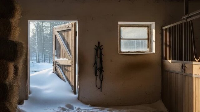 Rustic stable interior with snow drifting through an open wooden door. View of a winter forest landscape from inside a barn with hay and horse tack