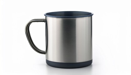 stainless steel metal camping mug mockup shiny coffee cup for outdoor on white background