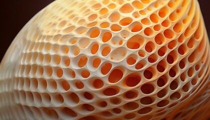 close up of an abstract organic form it s a spherical porous object the surface is a pale orange and pale yellow the pores are deep and irregular