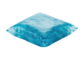 Obraz premium Close-up of a blue gel-filled dishwasher detergent pod in a sealed water-soluble packet, isolated on a white background. 