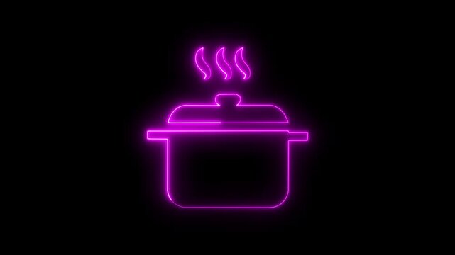 Glowing neon cooking icons including hot soup, boiling pot, vegetables glowing neon cooking icon animation. illustration in a circle,  web use for cooking, and kitchen tools vertical video animation.