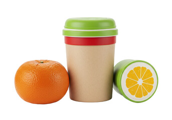 Eco-friendly reusable cup with green lid and citrus slice illustration, placed next to a real orange fruit.
