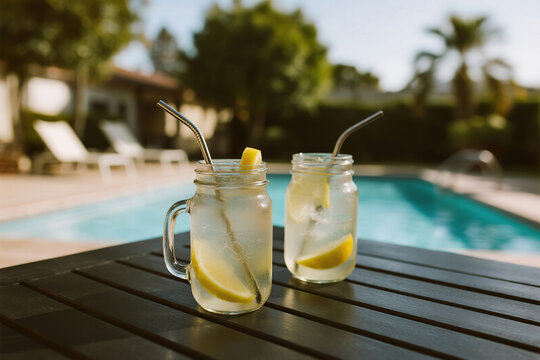 Two lemon drinks by poolside