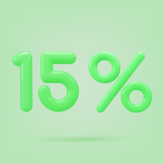 Green icon, 3d render fifteen percent sign, 15 %. Realistic design element. Vector illustration isolated on green for postcard, icons, poster, banner, web, design, arts. Black Friday Sale