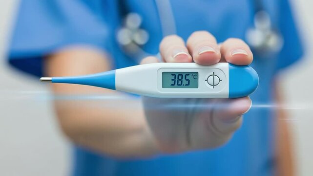 A close-up of a healthcare professional's hand holding a digital thermometer displaying a temperature of 38.5&deg;C, indicating fever and medical assessment in a clinical environment.