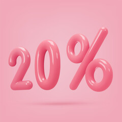 Red icon, 3d render twenty percent sign, 20 %. Realistic design element. Vector illustration isolated on pink for postcard, icons, poster, banner, web, design, arts. Black Friday Sale