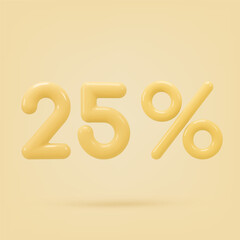Yelloe icon, 3d render twenty five percent sign, 25 %. Realistic design element. Vector illustration isolated on pink for postcard, icons, poster, banner, web, design, arts. Black Friday Sale
