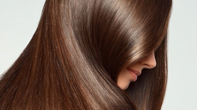 Woman with luxurious long brown hair showing smooth, healthy, and shiny strands, demonstrating professional haircare results and beauty concepts