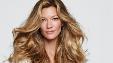 Beautiful woman with long flowing blonde hair looking directly at camera. Portraying concepts of healthy hair care. Natural beauty. Luxury brand modeling. Style