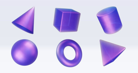 Set 3d iridescent hologram figure. Render geometry figure in purple, pink, blue colors. Vector illustration isolated on white for design projects, product display, presentation, adv