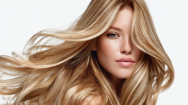 Young woman with natural skin tone holding an intense gaze, featuring her wavy blonde hair with highlights cascading around her face, embodying elegance, beauty, and hair health