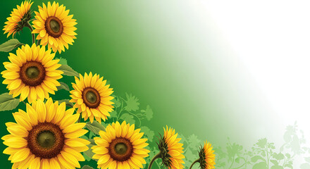 Image is a vibrant digital artwork featuring a cluster of sunflowers on the left side, with bright yellow petals and dark brown centers. The sunflowers are depicted in a realistic style, with detailed