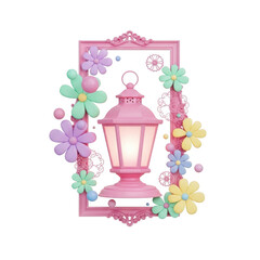 Pink lantern surrounded by colorful flowers isolated on transparent background