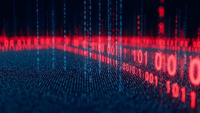 Red and blue binary code falling on a digital data surface. Cyber security and encrypted information flow. Glowing red numbers streaming across a dark virtual matrix background