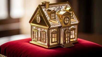 Elegant golden house collectible on a velvet cushion, symbolizing wealth and prosperity